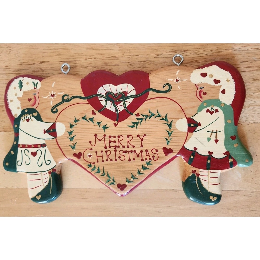 Vintage Wood Plaque Merry Christmas Signed Handmade Heart Folkart‎ Mexico 1995